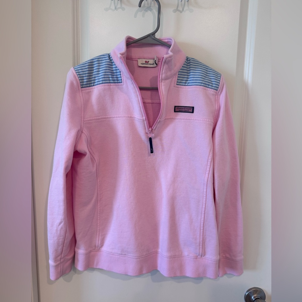 Vineyard Vines Pink Quarter-Zip Sweater with Blue Striped Shoulder Panels
